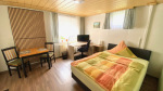 Wohnraum mit Essplatz, Schreibtisch, Kabel-TV und Boxspringbett